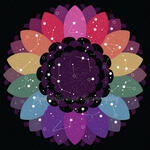 A Gilbert Baker rainbow flag colored flower with countless stars and makeshift constellations on it.