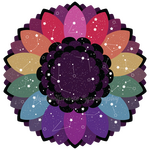 A Gilbert Baker rainbow flag colored flower with countless stars and makeshift constellations on it.