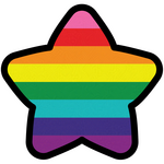 Digital art of the 8 stripe rainbow pride flag in a round star.