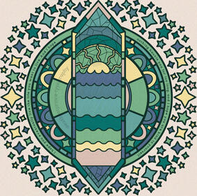 Digital art of a tall pointed shaped stained glass window that depicts an ocean and a rising or setting sun. There's another round stained glass window behind the first one surrounded by many colorful stars.