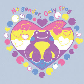 Digital art of a cute, smiling frog with a big heart shaped lily pad behind it, the lily pad is the bigender flag with other lily pads and heart shaped lily pads around it. Text at the top reads "No gender, Only frog". The text's letters are alternating co