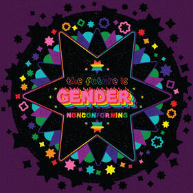 Digital art of a 6 pointed black star with stars scattered inside it. It is also decorated with the 8 color rainbow/Gilbert Baker pride flag colors with the quote "The future is gender nonconforming", surrounded by many other colorful stars.