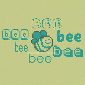 Digital art(pixel art) of a round smiling bee surrounded by the word "bee" multiple times in different fonts.