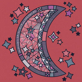 Digital art of a red, blue, and purple stained glass crescent moon filled and surrounded with stars with a quote on the moon that reads, "You are made of stardust and strength.".