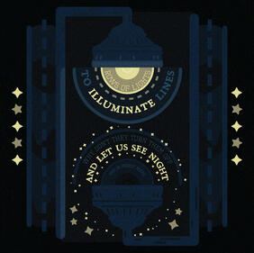 Near symmetrical digital art of 2 street lights facing inward, one illuminated and the other is off and flipped upside down. The top light transitions to lines of a road and curved with are words that read "Rows of lights to illuminate lines." The upside d