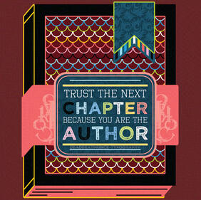 Digital art of a queer flag colored hardcover book with a repeating scale texture on the cover and the quote "trust the next chapter because you are the author".