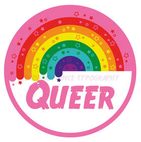 Digital art of an 8 striped rainbow flag colored rainbow covered in stars with the word "queer" under it. The art is circled by a thick pink outline.