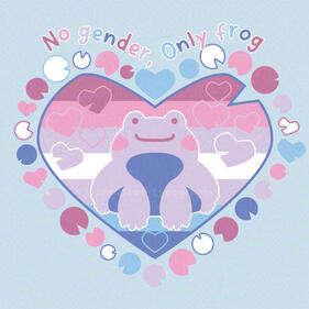 Digital art of a cute, smiling frog with a big heart shaped lily pad behind it, the lily pad is the bigender flag with other lily pads and heart shaped lily pads around it. Text at the top reads "No gender, Only frog". The text's letters are alternating co