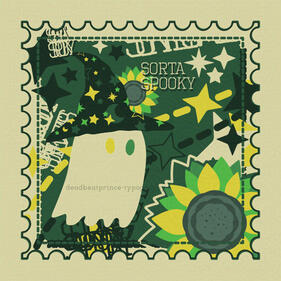 Digital art of a messy art collage inside a green colored square stamp. There is stars, dashed lines, scrambled words, green sunflowers, and a wizard ghost wearing a star covered, messy, dark green hat. The ghost has one yellow and one green eye. The only