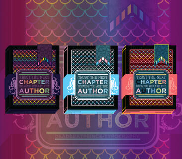 Digital art collage of 3 pride flag colored hardcover books with a repeating scale texture on the cover and the quote "trust the next chapter because you are the author".