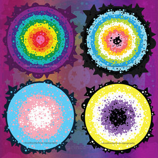 Image collage of 4 pieces of digital art of LGBTQ+ pride flag, star filled orbs.