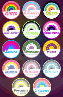 Image collage of 14 pieces of digital art of LGBTQ+ pride flag, starry rainbows in orbs with labels underneath them.