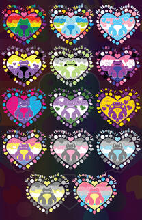 Image collage of 14 pieces of digital art of LGBTQ+ pride flag colored frogs.