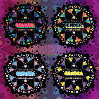 Image collage of 4 pieces of digital art of LGBTQ+ pride flag star art. With the quote "the future is gender nonconforming".