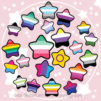 Image collage of 21 pieces of digital art of LGBTQ+ pride flags in round stars.