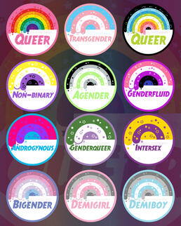 Image collage of 12 pieces of digital art of LGBTQ+ pride flag, starry rainbows in orbs with labels underneath them.