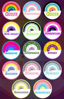 Image collage of 14 pieces of digital art of LGBTQ+ pride flag, starry rainbows in orbs with labels underneath them.