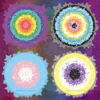 Image collage of 4 pieces of digital art of LGBTQ+ pastel pride flag, star filled orbs.