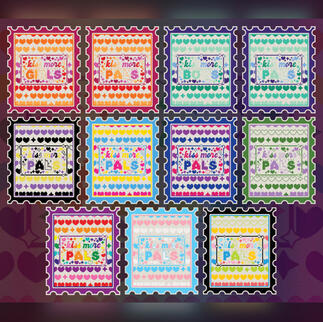 Digital art collage of 11 pride flag colored stamps, they are covered in hearts and stars with text in the middle that reads "kiss more pals". There is a "Kiss more girls" variation for the lesbian flag and a "Kiss more boys" for the gay flag.