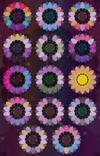 Image collage of 14 pieces of digital art of LGBTQ+ pride flag colored, star covered flowers with countless stars and makeshift constellations in them.