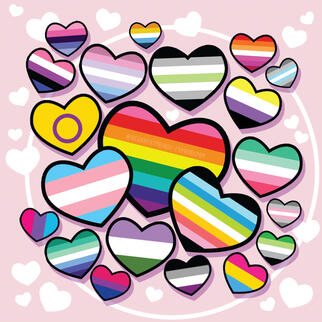 Image collage of 21 pieces of digital art of LGBTQ+ pride flags in round hearts.