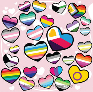 Image collage of 21 pieces of digital art of LGBTQ+ pride flags in round hearts.