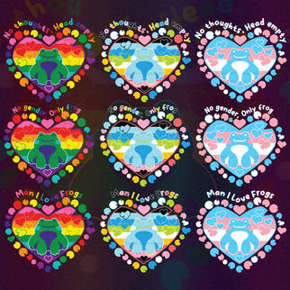 Image collage of 9 pieces of digital art of LGBTQ+ pride flag colored frogs. The quotes are "No thoughts head empty" or "No gender, only frog" or "Man I love frogs".