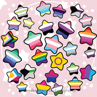 Image collage of 21 pieces of digital art of LGBTQ+ pride flags in round stars.