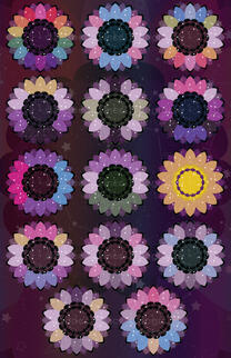 Image collage of 14 pieces of digital art of LGBTQ+ pride flag colored, star covered flowers with countless stars and makeshift constellations in them.