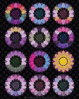 Image collage of 12 pieces of digital art of LGBTQ+ pride flag colored, star covered flowers with countless stars and makeshift constellations in them.