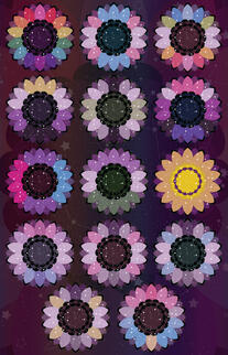 Image collage of 14 pieces of digital art of LGBTQ+ pride flag colored, star covered flowers with countless stars and makeshift constellations in them.