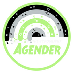 Digital art of the agender pride flag in a round orb with the label "agender".