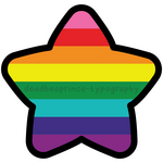 Digital art of the Gilbert Baker rainbow pride flag in a round star.