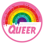 Digital art of the Gilbert Baker rainbow pride flag in a round orb with the label "queer".