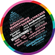 deadbeatprince-typography icon Digital art of cat head made out of the text " deadbeatprince ", with a 8 color rainbow pride flag ring around it.